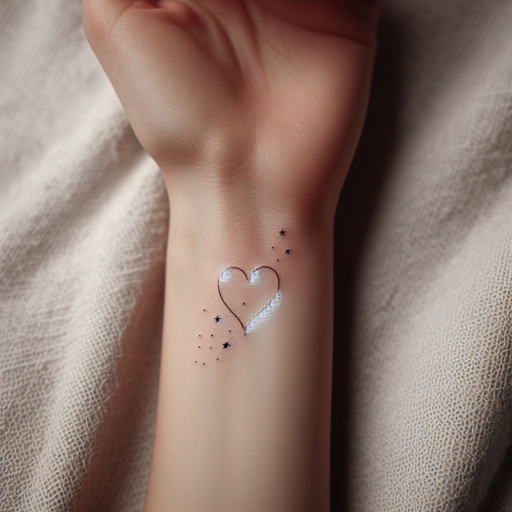 A delicate and minimalist heart tattoo, finely inked on the inner wrist. The heart should appear slightly asymmetrical, with a fine line style, embodying a sense of personal significance and subtlety. Surround the heart with tiny, dispersed stars to add a whimsical touch. The skin tone should be neutral, allowing the black ink to stand out, emphasizing the elegance and simplicity of the design.