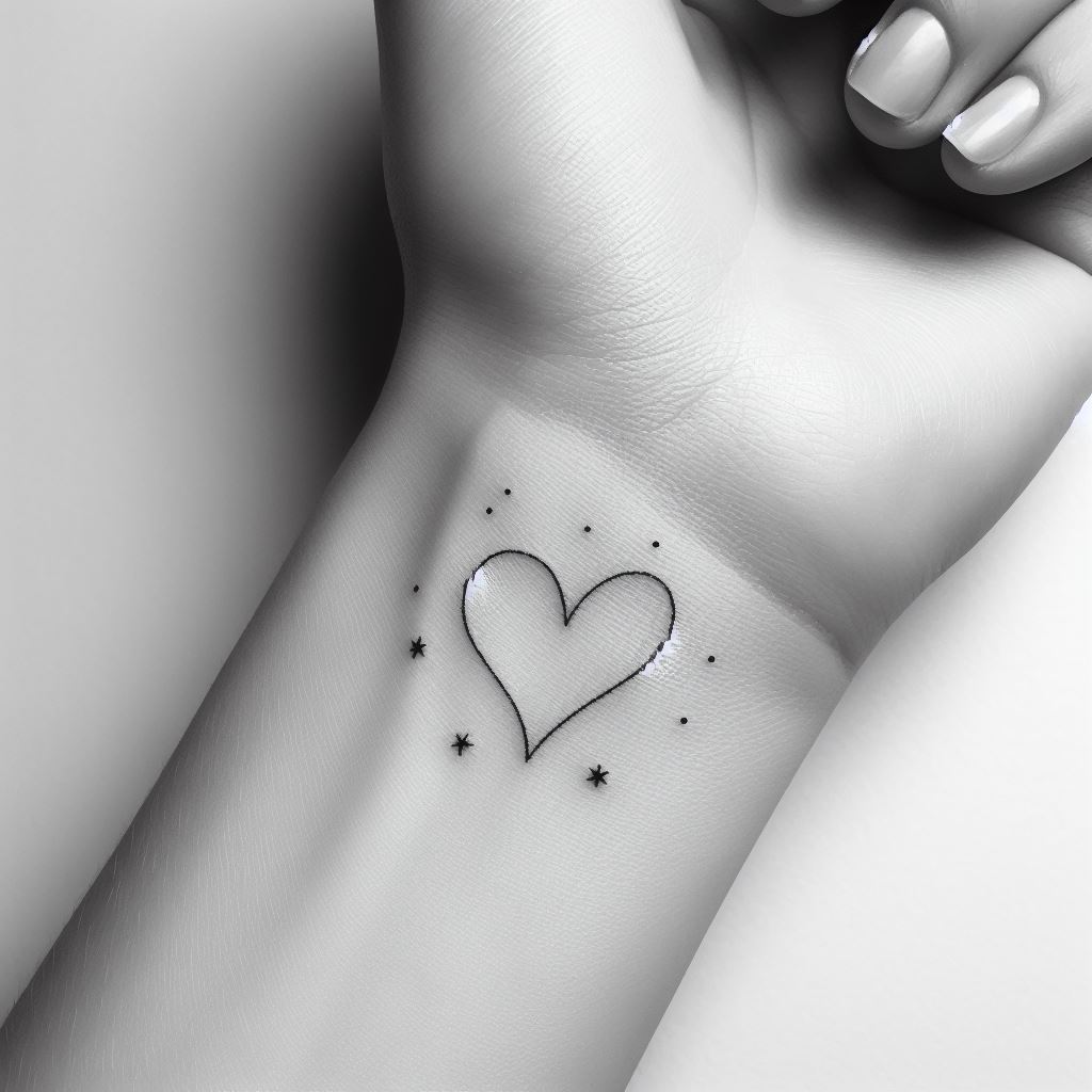 A delicate and minimalist heart tattoo, finely inked on the inner wrist. The heart should appear slightly asymmetrical, with a fine line style, embodying a sense of personal significance and subtlety. Surround the heart with tiny, dispersed stars to add a whimsical touch. The skin tone should be neutral, allowing the black ink to stand out, emphasizing the elegance and simplicity of the design.