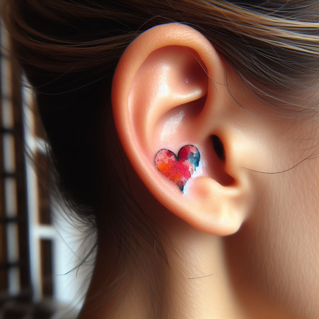 A small, colorful heart tattoo located just behind the ear. The heart is to be filled with vibrant watercolor splashes, blending red, pink, and orange shades, while maintaining a clear heart shape outline in black. The tattoo should look playful and artistic, set against a background that suggests the soft curvature of the area behind the ear, with the hairline slightly visible.