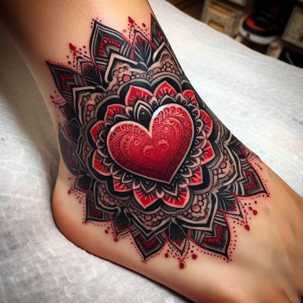 A heart tattoo encased within an intricate mandala pattern on the outer ankle. The heart, positioned at the center of the mandala, should be bold and filled with red ink, contrasting with the black, detailed mandala design surrounding it. The skin tone should be light to medium, highlighting the rich colors and complex details of the tattoo, showcasing a blend of love symbolism and spiritual depth.