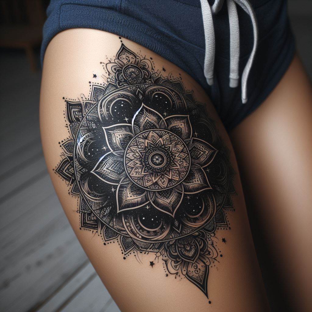 Intricate black mandala tattoo on a woman's thigh, featuring detailed patterns and symbols, representing the universe and inner strength.