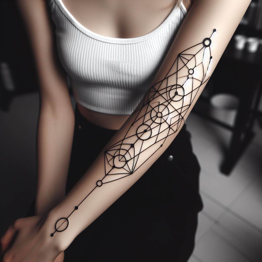 Sleek geometric tattoo on a woman's forearm, consisting of interconnected shapes and lines, symbolizing balance and stability.
