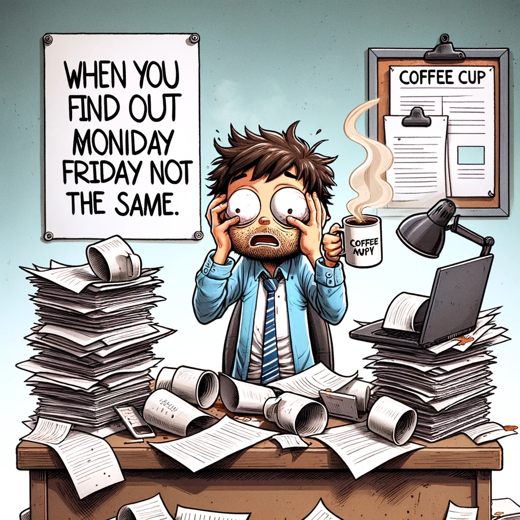 A cartoon image of an office worker sitting at a desk covered in paperwork, looking bewildered, with a coffee cup spilling over. The caption reads, "When you find out Monday and Friday are not the same."