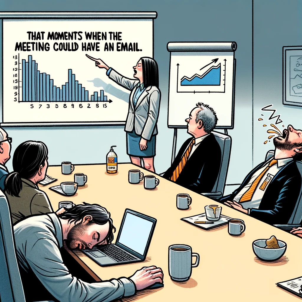 A humorous illustration of a group of coworkers in a meeting room, one of whom is asleep with drool on the table, while the presenter points to a chart that's upside down. The caption reads, "That moment when the meeting could have been an email."