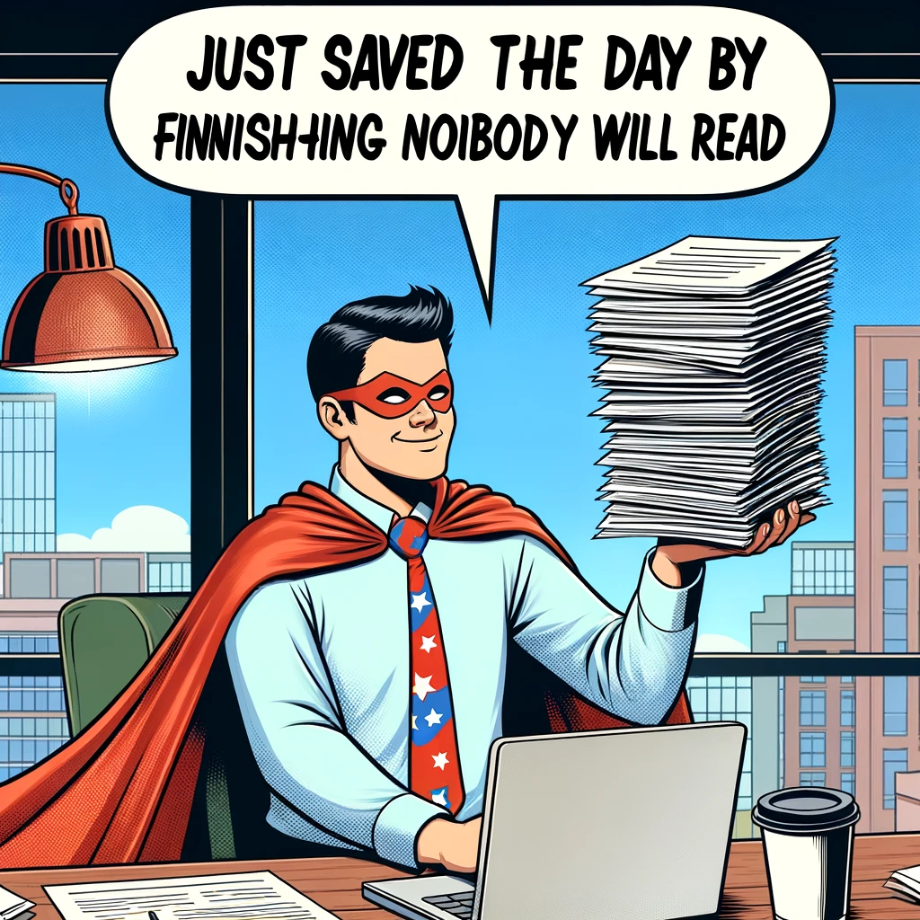 An image showing a person wearing a superhero cape sitting at an office desk, triumphantly holding a stack of completed reports in one hand and a coffee in the other. The caption reads, "Just saved the day by finishing reports nobody will read."