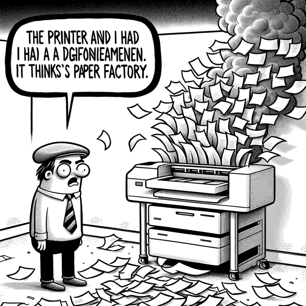 A cartoon of a confused office worker staring at a printer spewing out hundreds of papers, with a bewildered expression. The caption reads, "The printer and I had a disagreement. It thinks it's a paper factory."