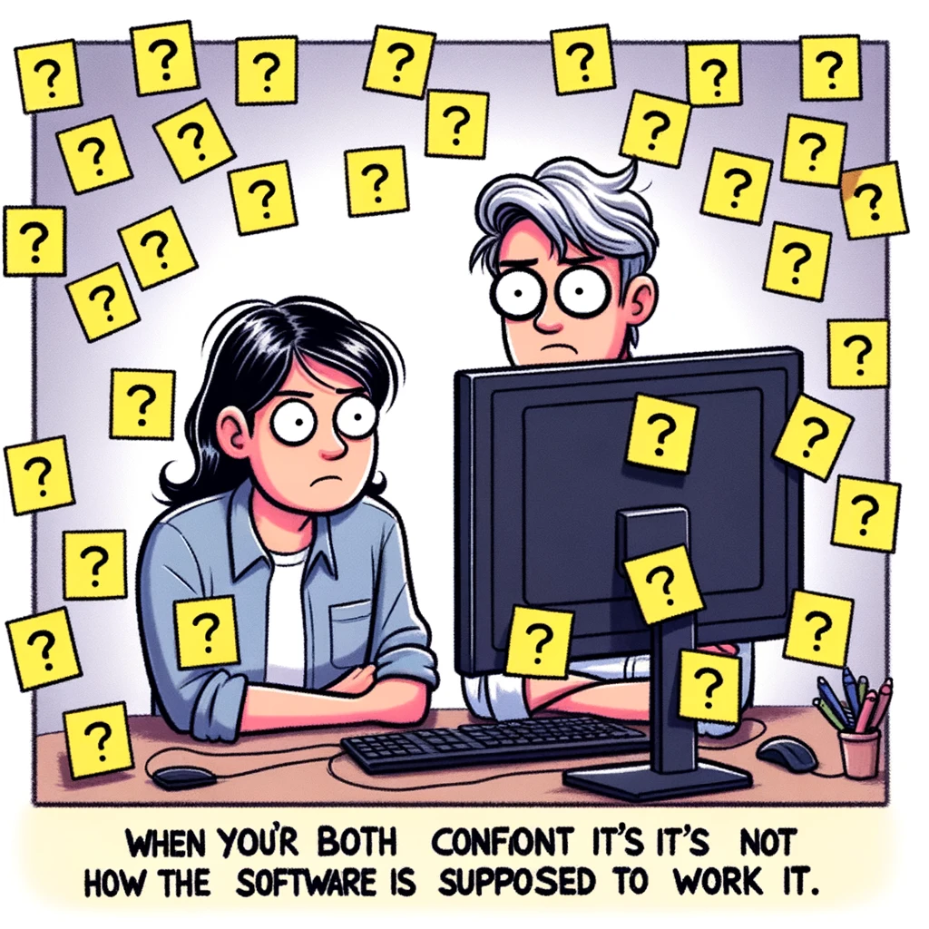 Illustration of two coworkers staring at a computer screen with obvious confusion, surrounded by post-it notes with question marks on them. The caption reads, "When you're both confident it's not how the software is supposed to work."