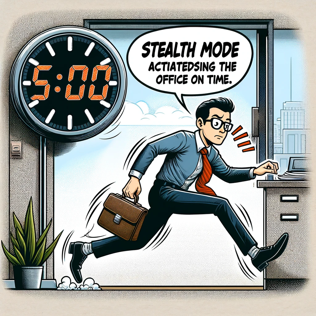 A comic illustration showing an office worker trying to sneak out of the office, tiptoeing with a giant clock in the background pointing to 5:00 PM. The caption reads, "Stealth mode activated: escaping the office on time."