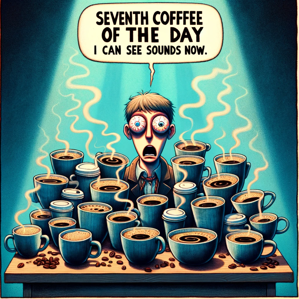An image depicting a person at their desk surrounded by multiple coffee cups, looking jittery and wide-eyed. The caption reads, "Seventh coffee of the day: I can see sounds now."