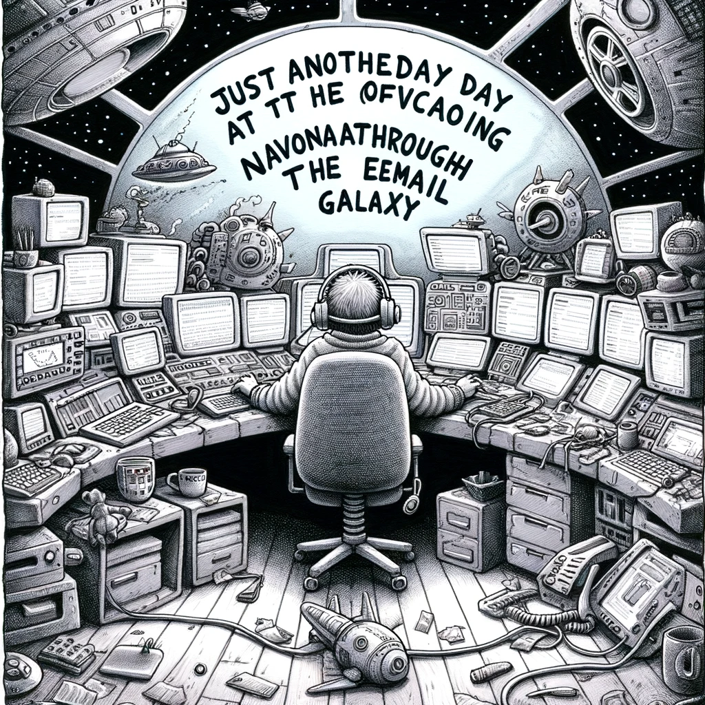 A funny drawing of a person sitting at a cluttered desk, wearing a headset, surrounded by monitors, looking like a spaceship cockpit. The caption reads, "Just another day at the office, navigating through the email galaxy."