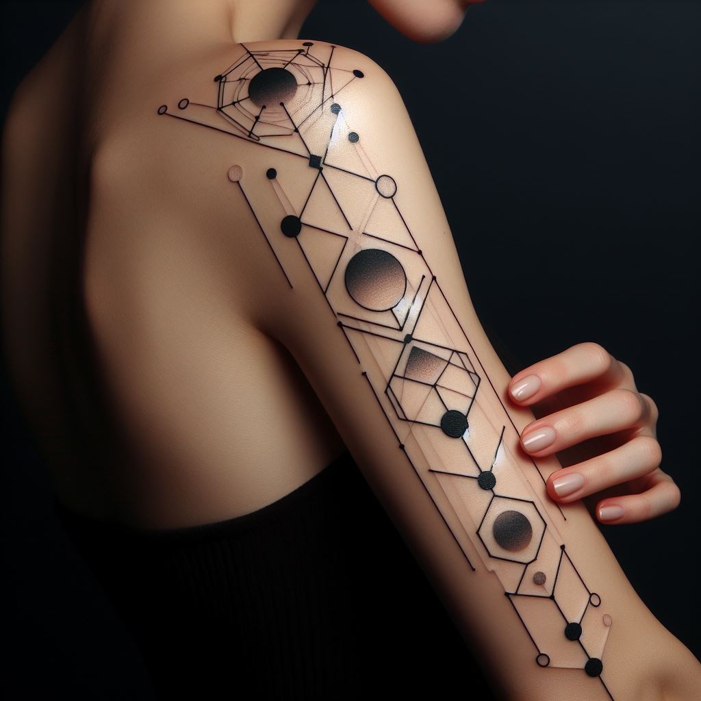 Sleek geometric tattoo on a woman's forearm, consisting of interconnected shapes and lines, symbolizing balance and stability.