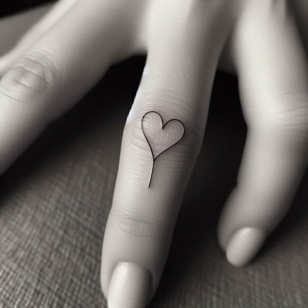 Simple and elegant minimalist line tattoo on the inside of a woman's finger, depicting a tiny heart, symbolizing love and affection.