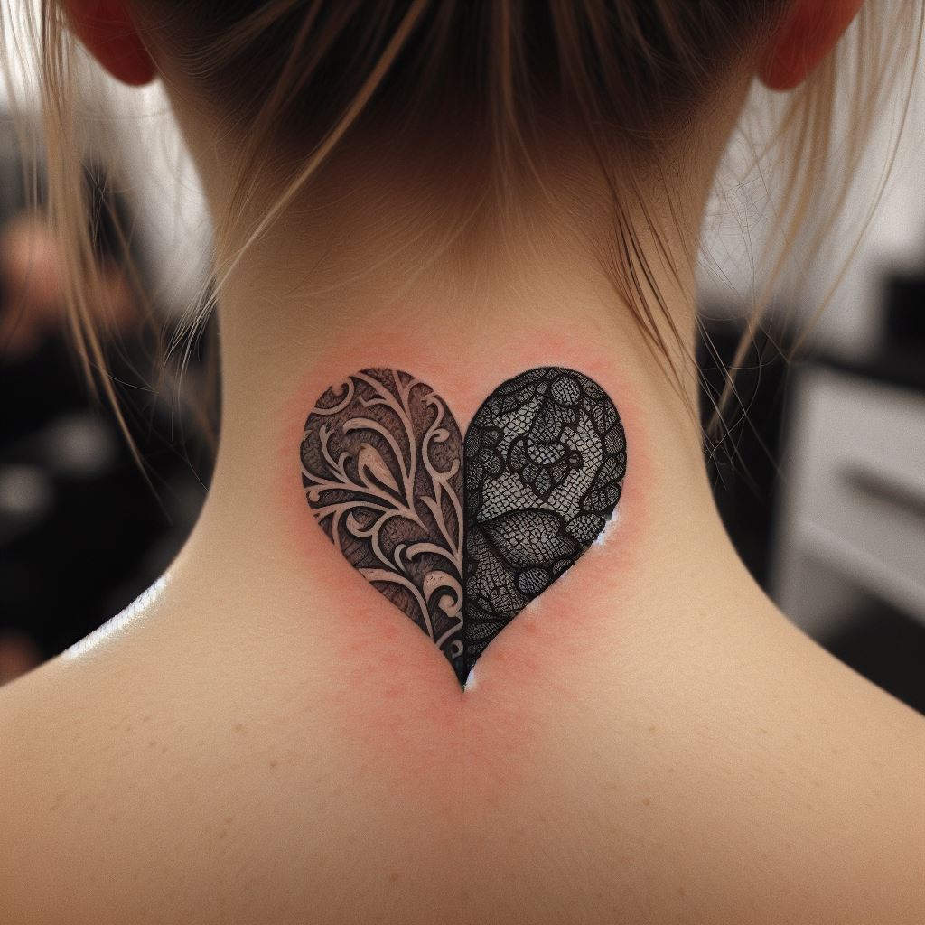 A unique heart tattoo located at the back of the neck, just below the hairline. The heart should be stylized, with one half made of intricate lace patterns and the other half solid, symbolizing the dual nature of vulnerability and strength in love. The tattoo should be moderately sized, allowing for detailed work within the lace, and inked in black to contrast with the skin, making a statement of complexity and beauty.