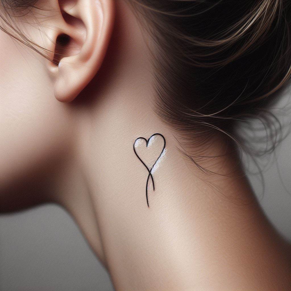 A sleek, modern heart tattoo on the side of the neck, visible just below the ear. The heart should be stylized as an abstract, minimalist line drawing, with a single continuous line forming the shape. This design emphasizes elegance and simplicity, with the tattoo inked in black to stand out against the skin, making a subtle yet impactful statement of love and modernity.