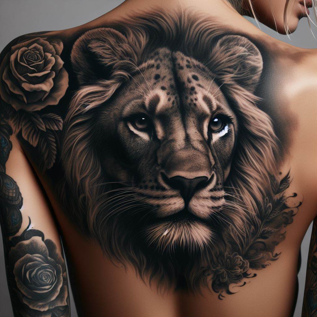 Powerful lioness portrait tattoo covering a woman's upper back, detailed in black and grey, symbolizing courage and family.