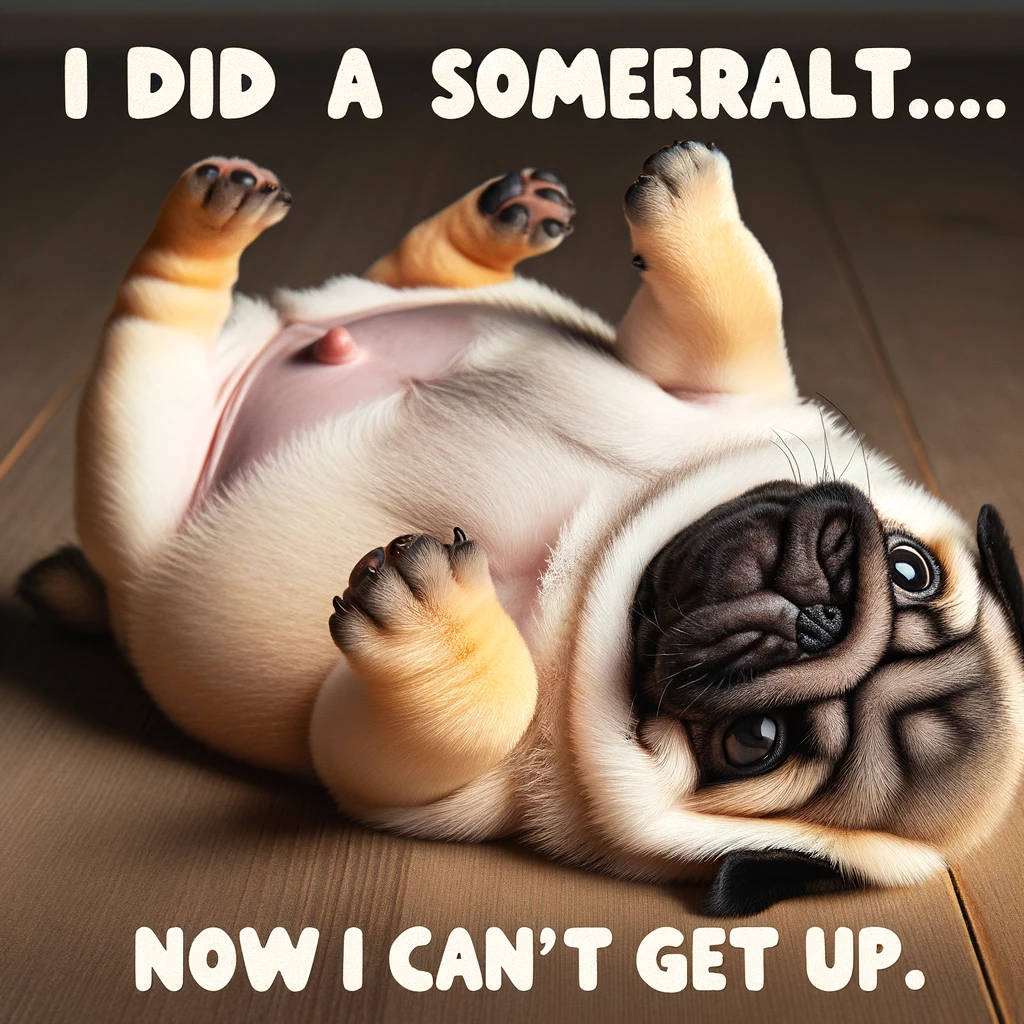 A chubby pug puppy lying on its back, paws up in the air, looking slightly confused. The caption in bold letters above reads, "I did a somersault... now I can't get up."