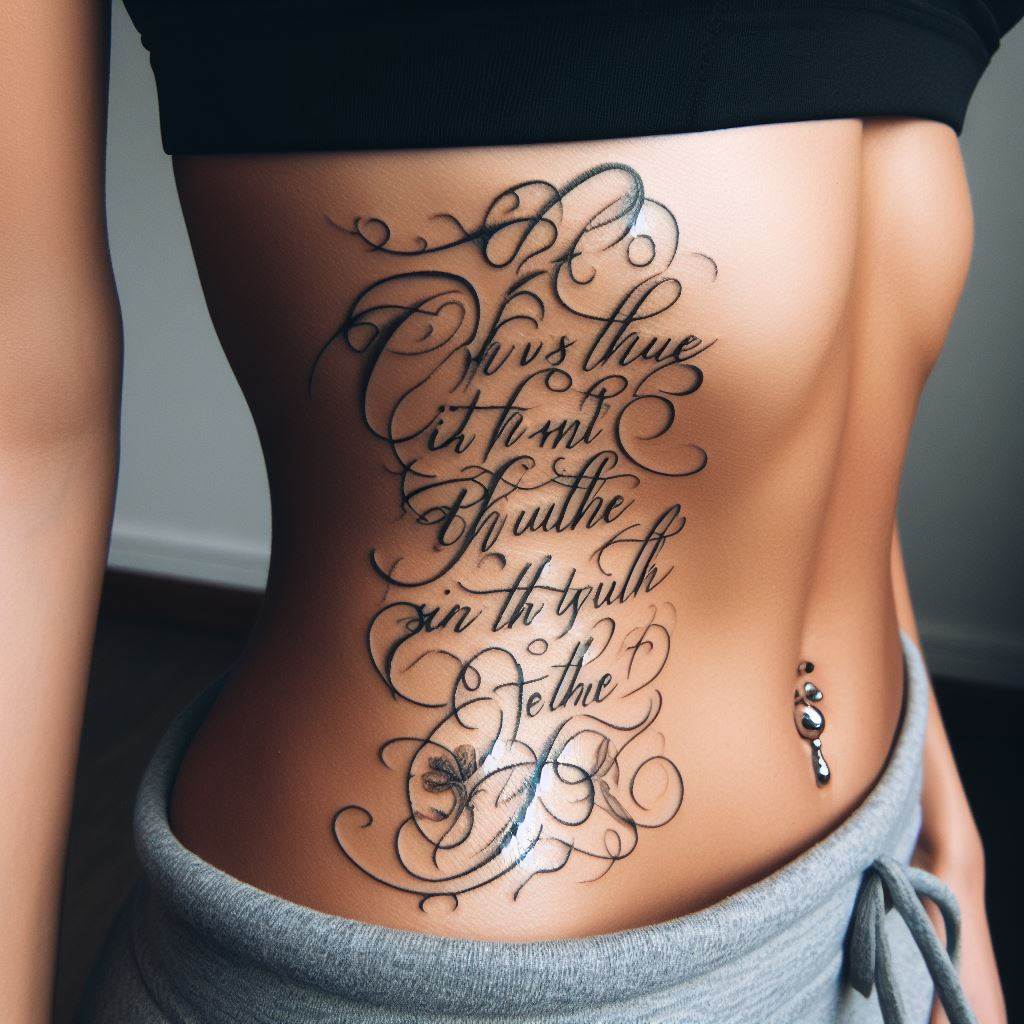 Elegant script tattoo along a woman's ribcage, featuring a personal quote or mantra in delicate handwriting, symbolizing personal beliefs or experiences.