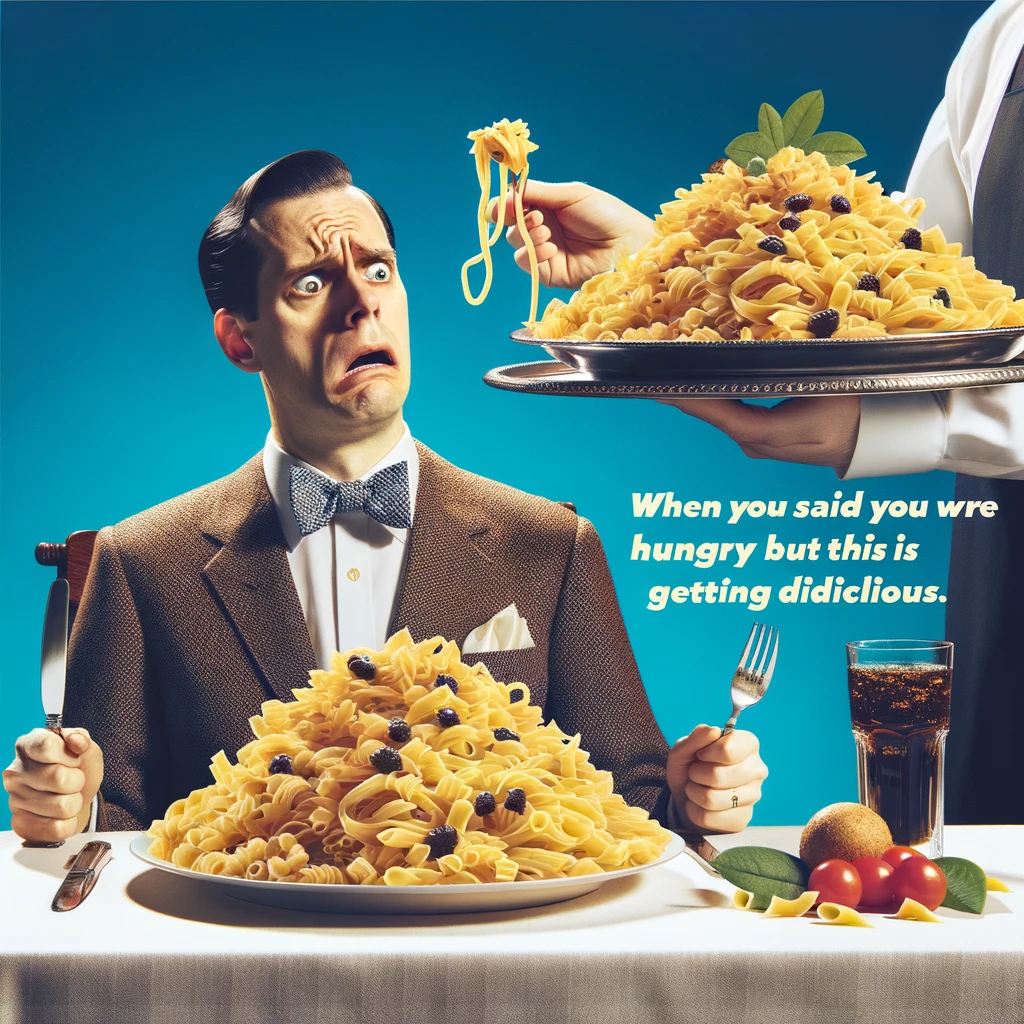 An image showing a person at a dining table, looking increasingly overwhelmed and stressed as a server continues to add an enormous amount of pasta to their already overflowing plate. The person's expression should convey a mix of surprise, disbelief, and a touch of distress, capturing the feeling of being overwhelmed by too much of a good thing. The scene should be humorous and relatable, illustrating the idea of biting off more than you can chew. The caption at the bottom reads: 'When you said you were hungry but this is getting ridiculous.'