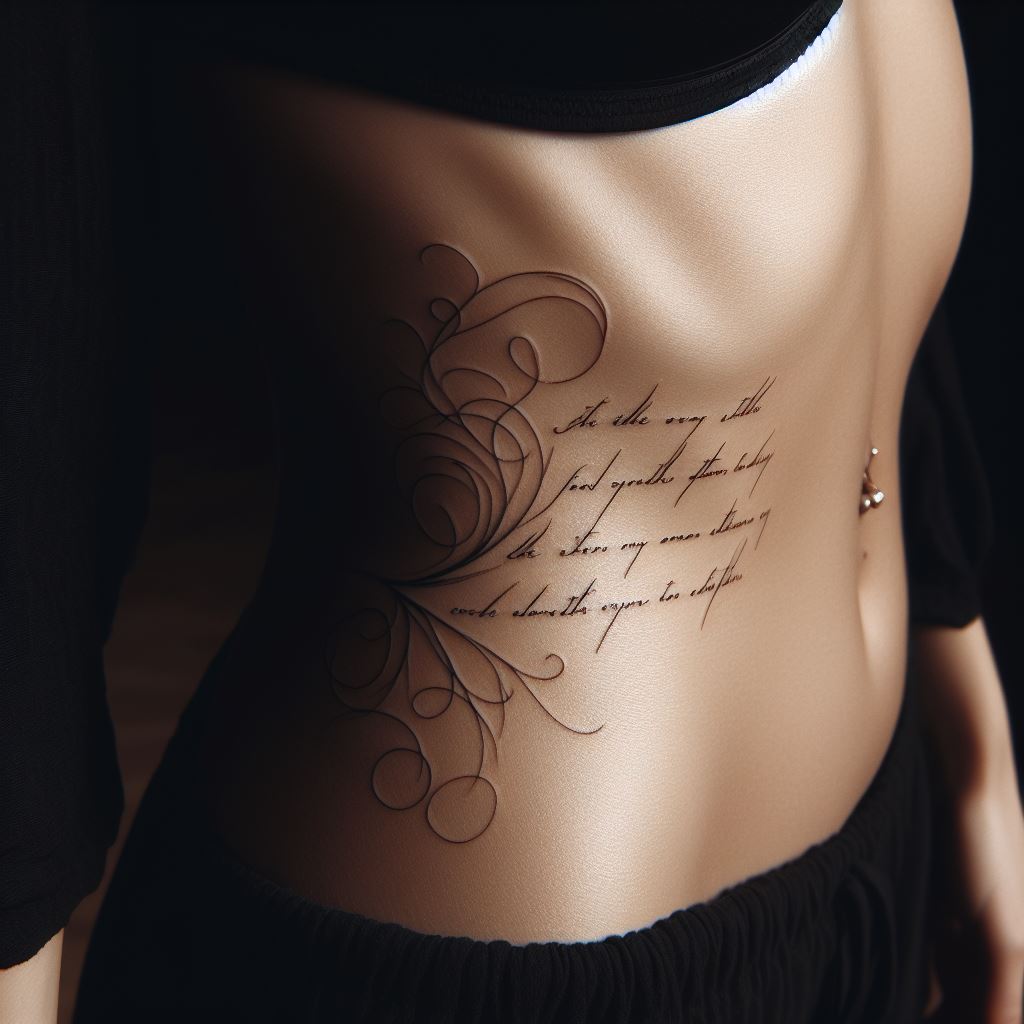 Elegant script tattoo along a woman's ribcage, featuring a personal quote or mantra in delicate handwriting, symbolizing personal beliefs or experiences.