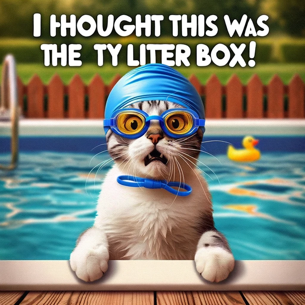 A humorous image of a cat in a swimming cap and goggles, looking surprised to be in a pool, with the caption: "I thought this was the kitty litter box!"