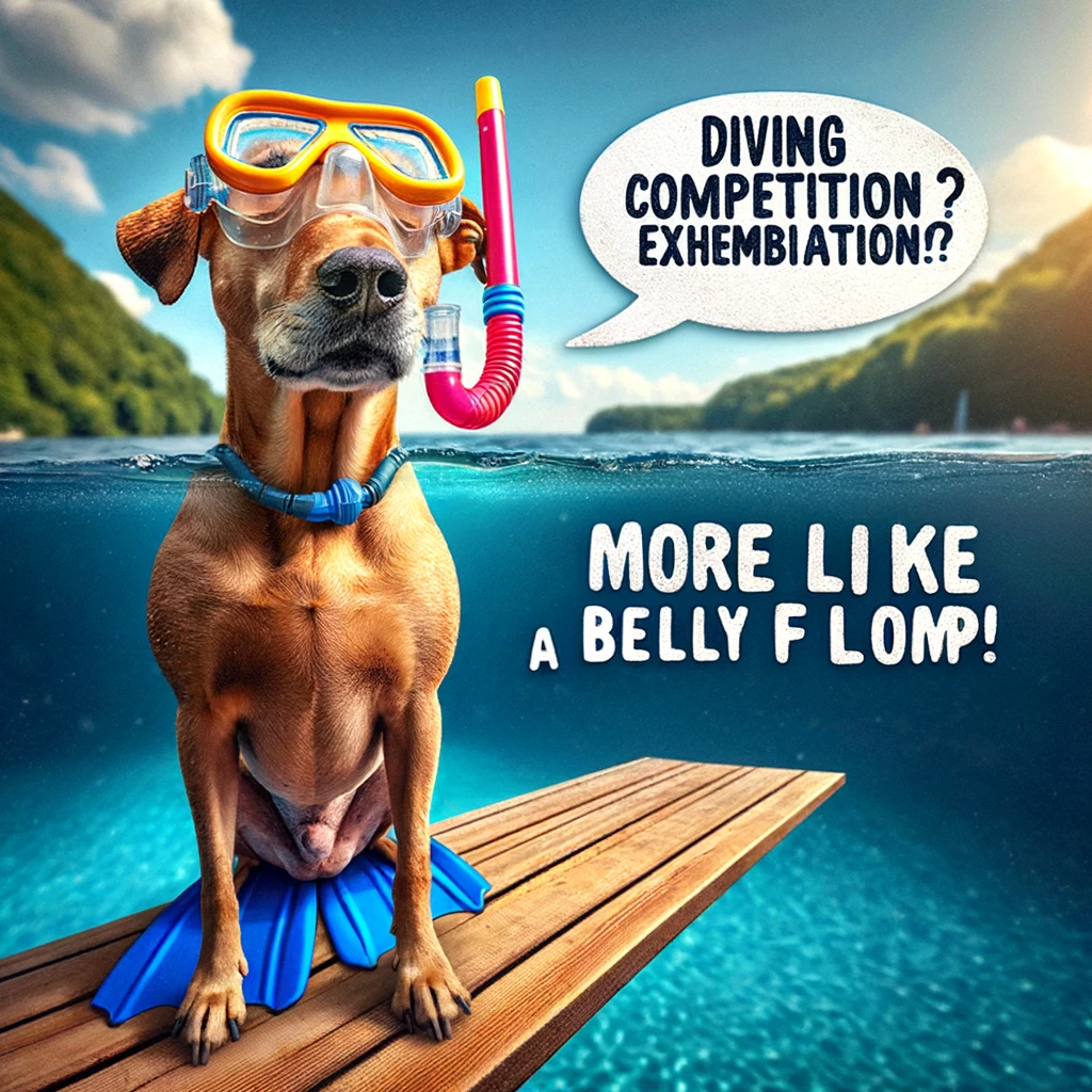 An image of a dog wearing floaties and a snorkel, looking proud on a diving board, with the caption: "Diving competition? More like a belly flop exhibition!"