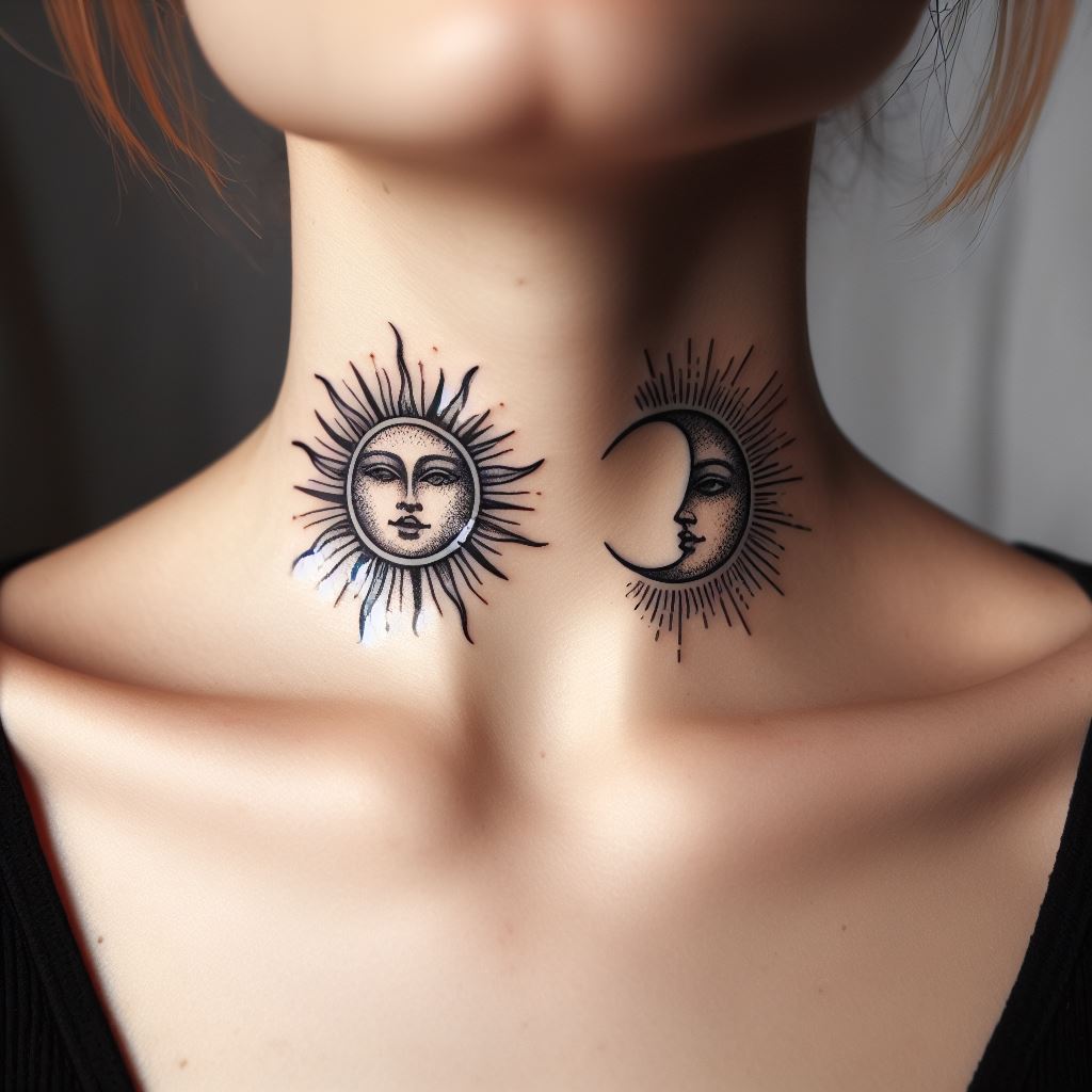 Dual tattoo on either side of a woman's collarbone, depicting a sun and moon in fine line art, representing the balance between opposites.