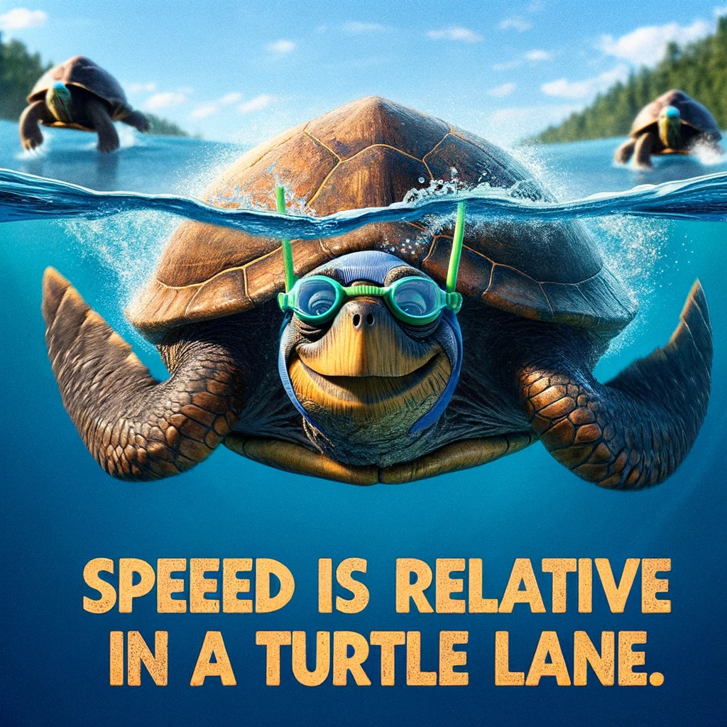 An amusing image of a turtle with a swim cap and goggles, slowly entering the water, with the caption: "Speed is relative in the turtle lane."