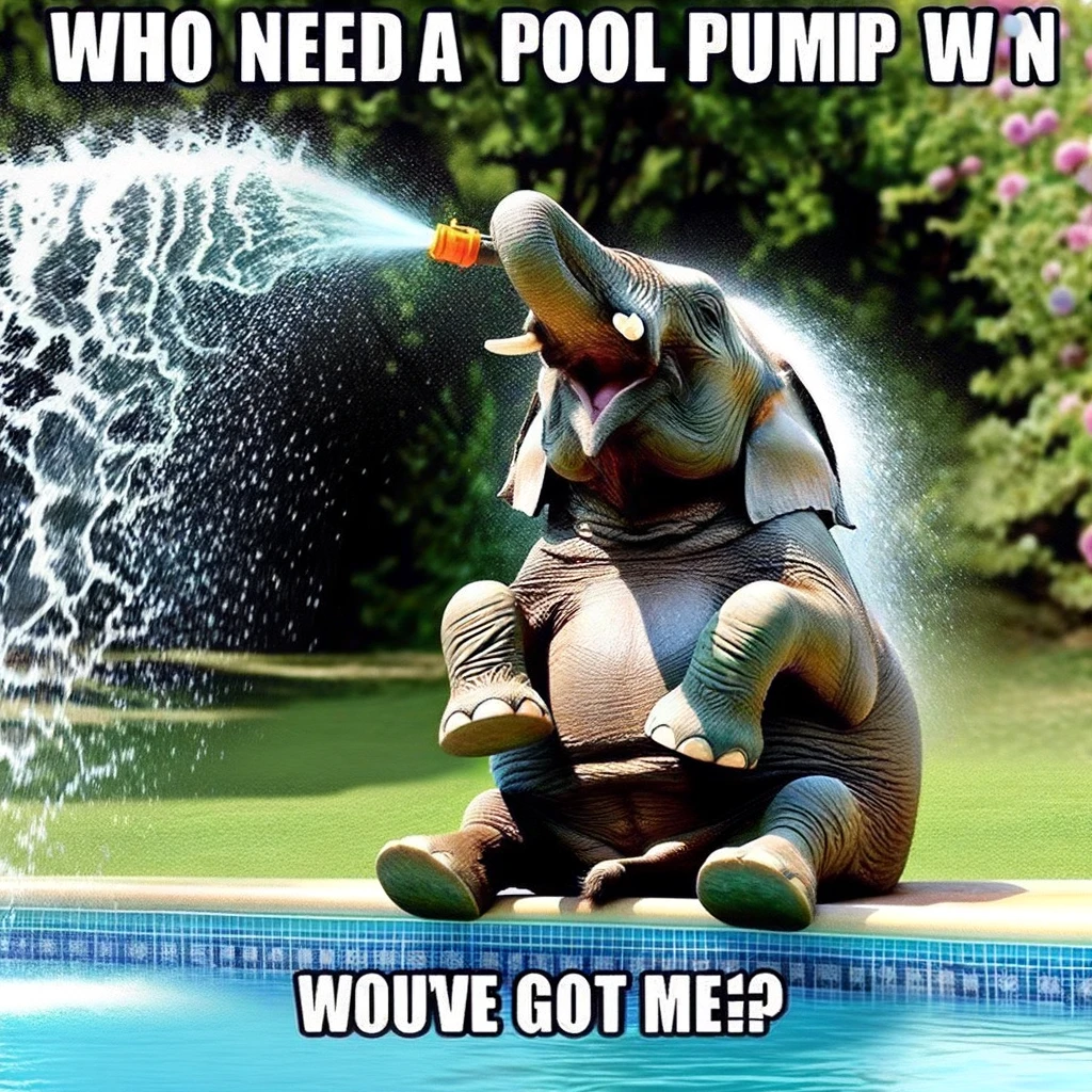 A funny image of an elephant spraying water from its trunk while in a swimming pool, with the caption: "Who needs a pool pump when you've got me?"