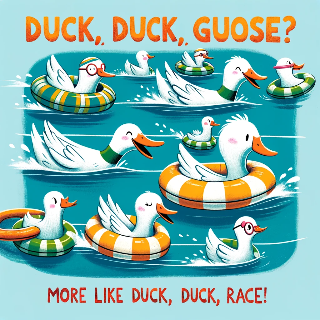A whimsical image of a group of ducks in swim rings, racing in a pool, with the caption: "Duck, duck, goose? More like duck, duck, race!"