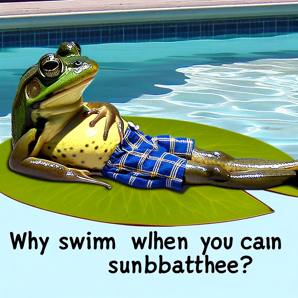 A humorous image of a frog in swim trunks, lounging on a lily pad in a pool, with the caption: "Why swim when you can sunbathe?"