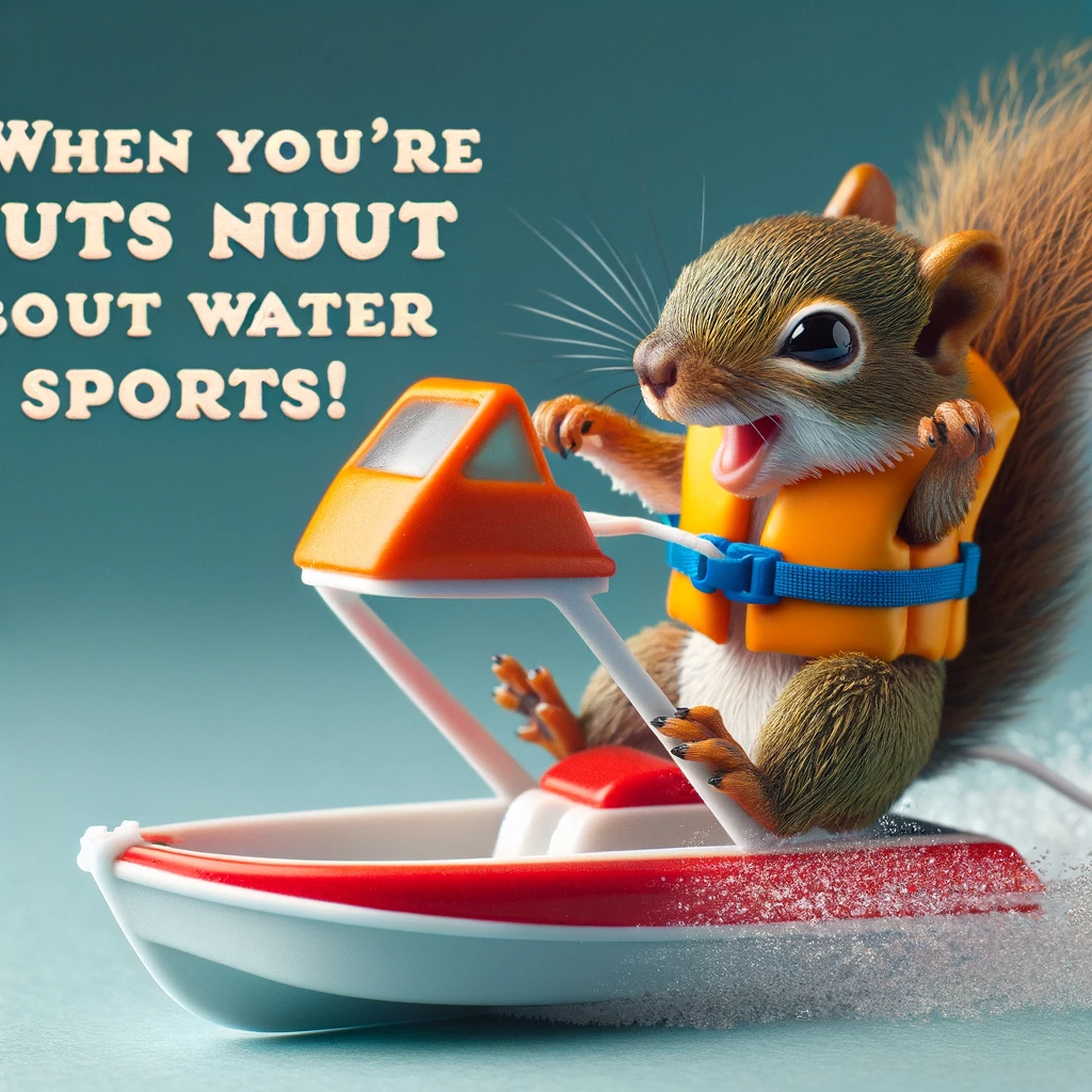 A playful image of a squirrel in a tiny life jacket, trying to water ski behind a remote-controlled boat, with the caption: "When you're nuts about water sports!"