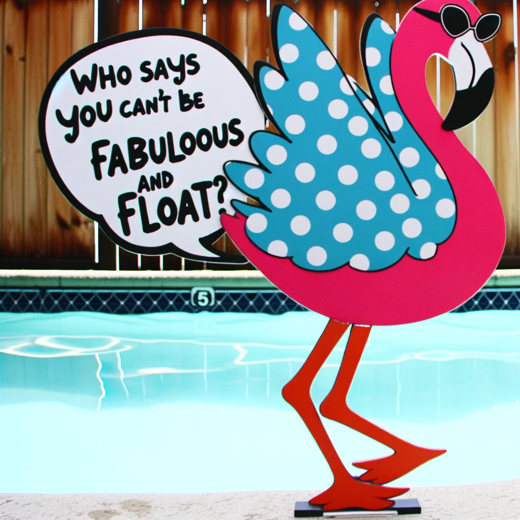 A comical image of a flamingo in a polka-dot bikini, standing by the poolside, with the caption: "Who says you can't be fabulous and float?"