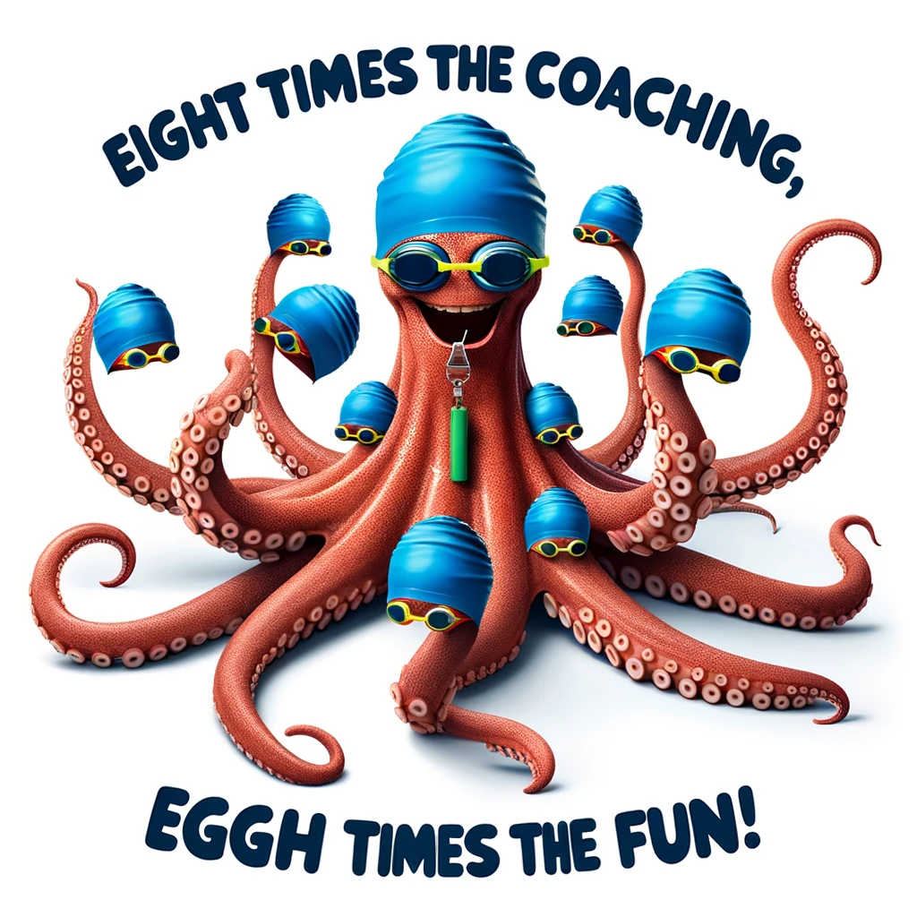 A humorous image of an octopus wearing multiple swim caps, one on each head, positioned as a swim coach with a whistle, with the caption: "Eight times the coaching, eight times the fun!"