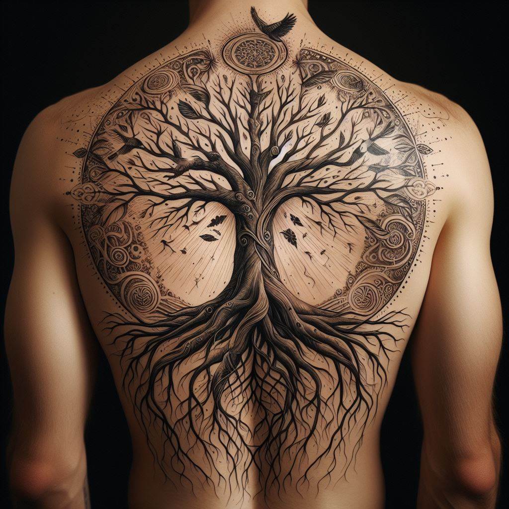 A detailed Tree of Life tattoo with sprawling roots and branches that intertwine, symbolizing growth and connection. The tree's trunk is centered along the spine, with branches reaching outward across the shoulder blades and roots extending down the lower back. Incorporate symbols of life, such as birds and leaves, into the branches, and personal symbols meaningful to the individual within the roots.