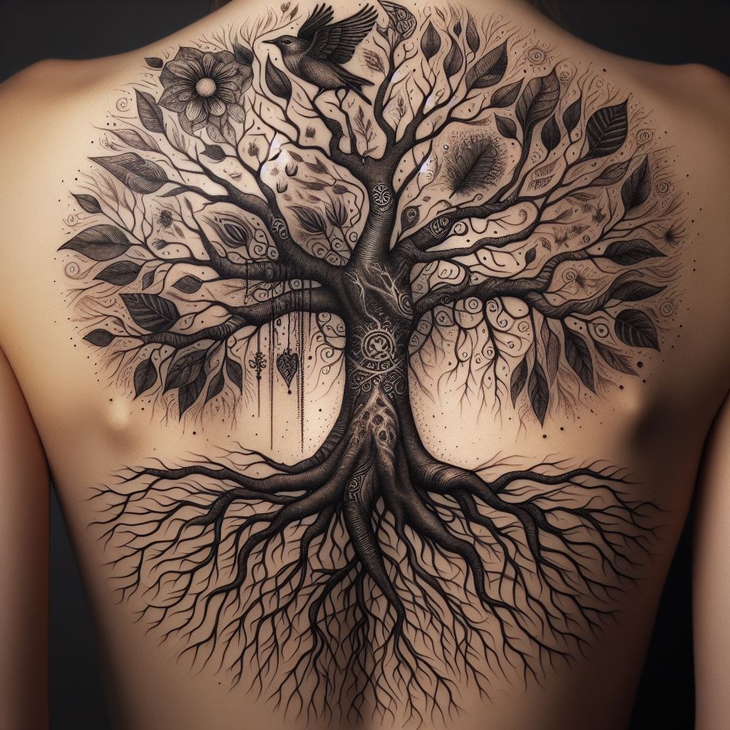A detailed Tree of Life tattoo with sprawling roots and branches that intertwine, symbolizing growth and connection. The tree's trunk is centered along the spine, with branches reaching outward across the shoulder blades and roots extending down the lower back. Incorporate symbols of life, such as birds and leaves, into the branches, and personal symbols meaningful to the individual within the roots.