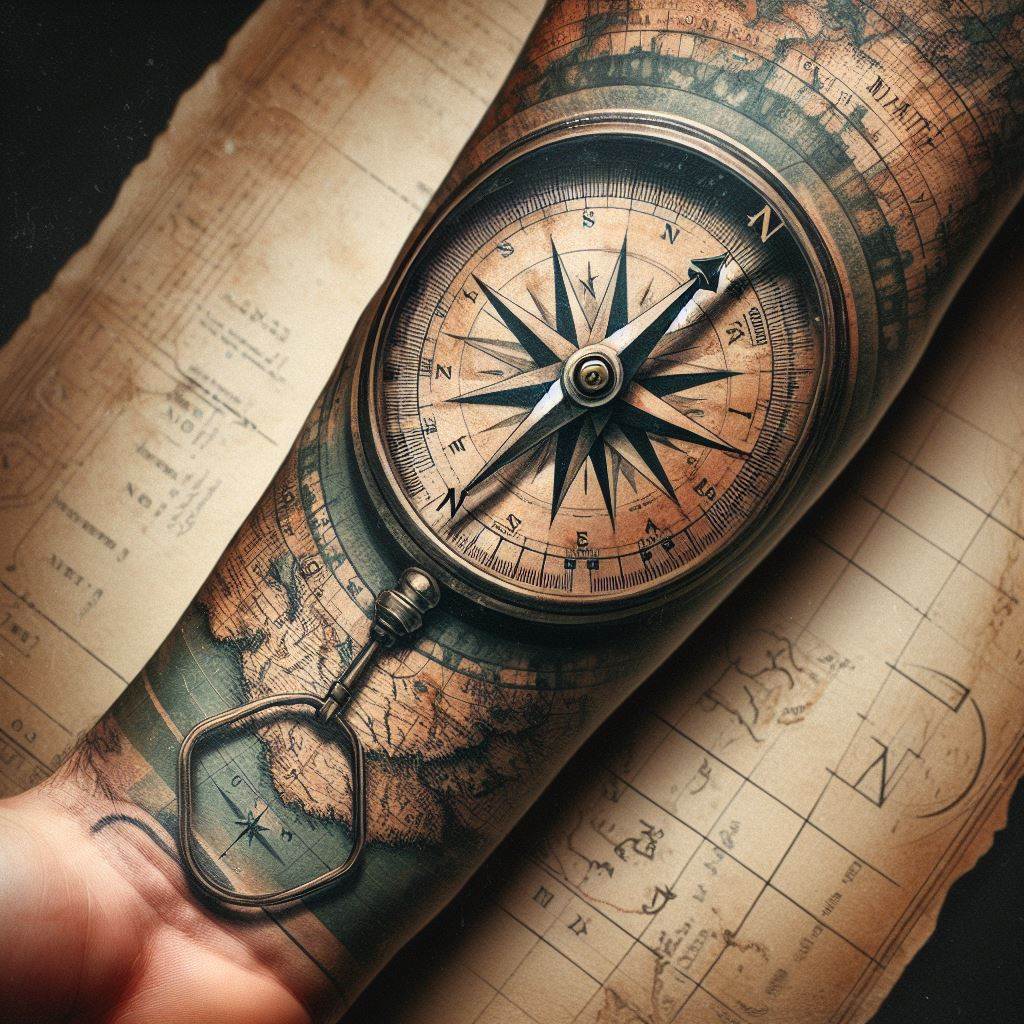 A vintage compass tattoo overlaid on a faded map background that wraps around the forearm. The compass needle points towards a star marked 'North,' symbolizing guidance and a personal journey. The map features subtle, meaningful landmarks or coordinates that are significant to the individual's life story.