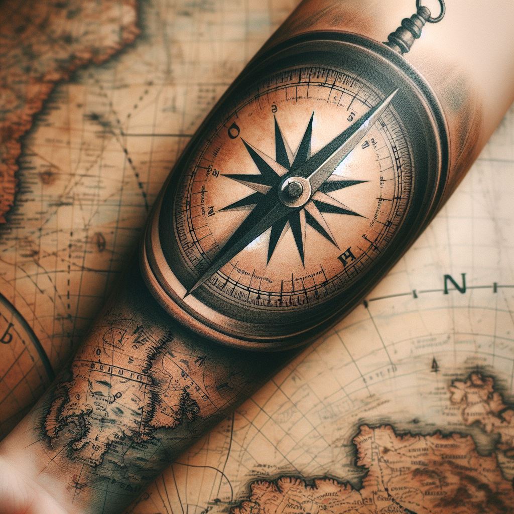 A vintage compass tattoo overlaid on a faded map background that wraps around the forearm. The compass needle points towards a star marked 'North,' symbolizing guidance and a personal journey. The map features subtle, meaningful landmarks or coordinates that are significant to the individual's life story.