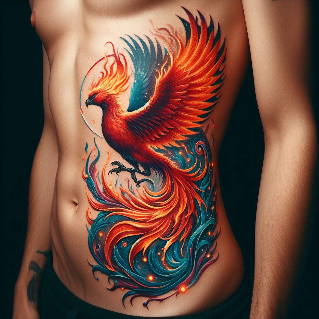 A phoenix rising from flames, positioned along the side of the rib cage. The phoenix's wings are spread wide, with vibrant colors reflecting resilience and rebirth. Incorporate elements that represent personal trials and triumphs, making the tattoo a symbol of overcoming adversity.