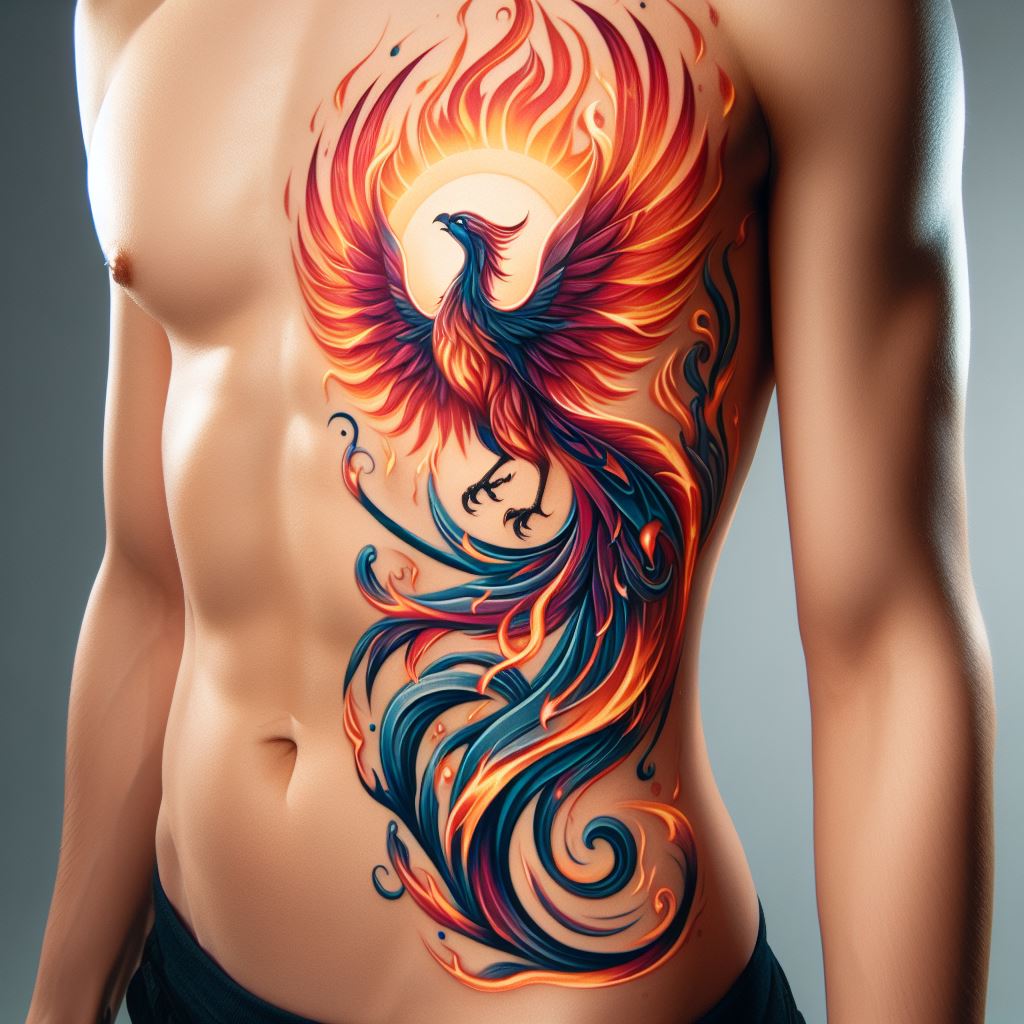 A phoenix rising from flames, positioned along the side of the rib cage. The phoenix's wings are spread wide, with vibrant colors reflecting resilience and rebirth. Incorporate elements that represent personal trials and triumphs, making the tattoo a symbol of overcoming adversity.