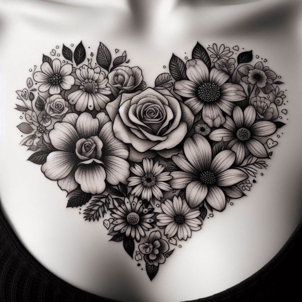 A heart-shaped tattoo made entirely of various flowers, each representing different aspects of love (such as roses for love, daisies for innocence, and lilies for purity), located over the heart on the left chest. This tattoo signifies the complexity and beauty of love, incorporating the names or initials of loved ones subtly within the petals.