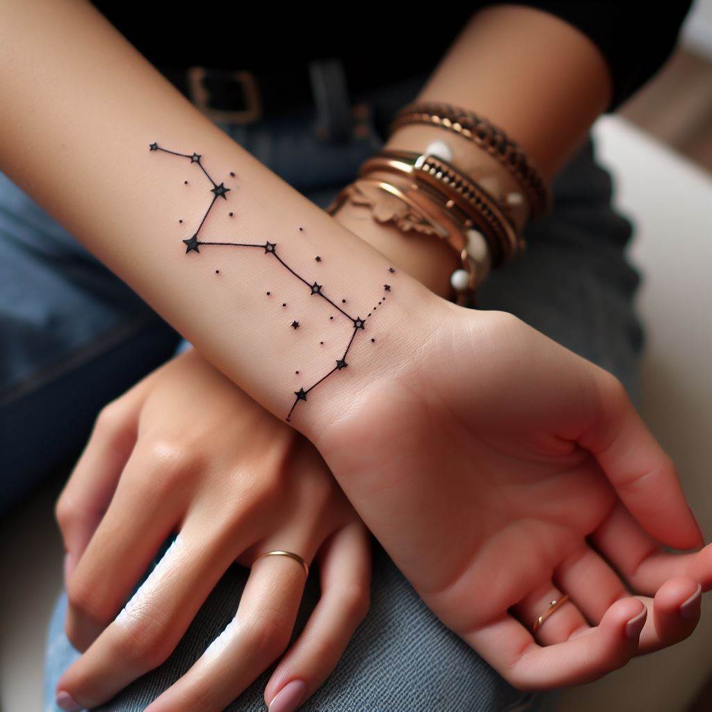 A small, delicate constellation tattoo on the wrist, using fine lines to connect stars that represent the individual's zodiac sign or a constellation with personal significance. Each star is a milestone or loved one, making the constellation a map of the individual's personal universe.