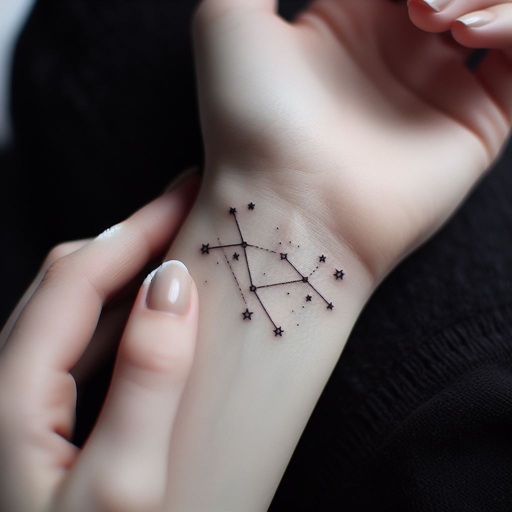 A small, delicate constellation tattoo on the wrist, using fine lines to connect stars that represent the individual's zodiac sign or a constellation with personal significance. Each star is a milestone or loved one, making the constellation a map of the individual's personal universe.