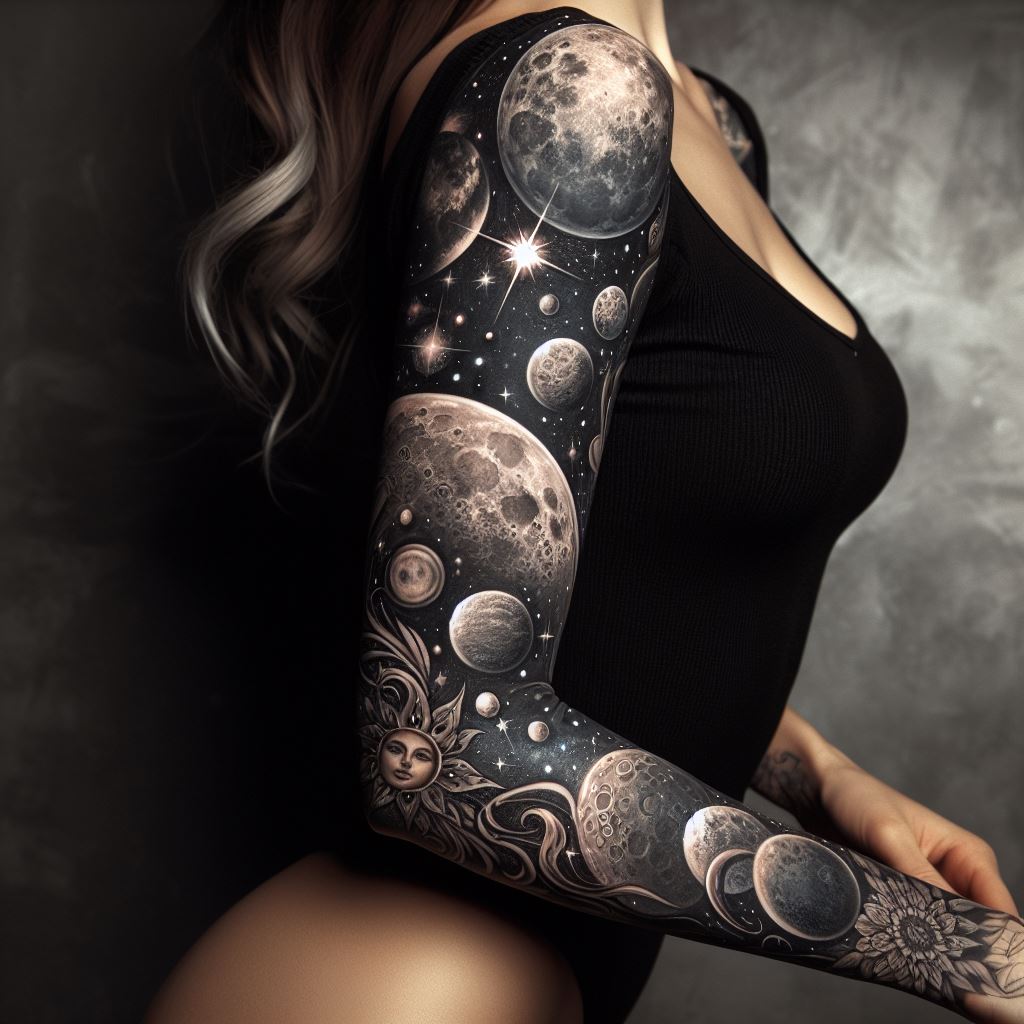 A woman's full sleeve tattoo featuring celestial bodies, including moons, stars, and planets, intricately detailed in black and grey, symbolizing a fascination with the universe and the unknown.