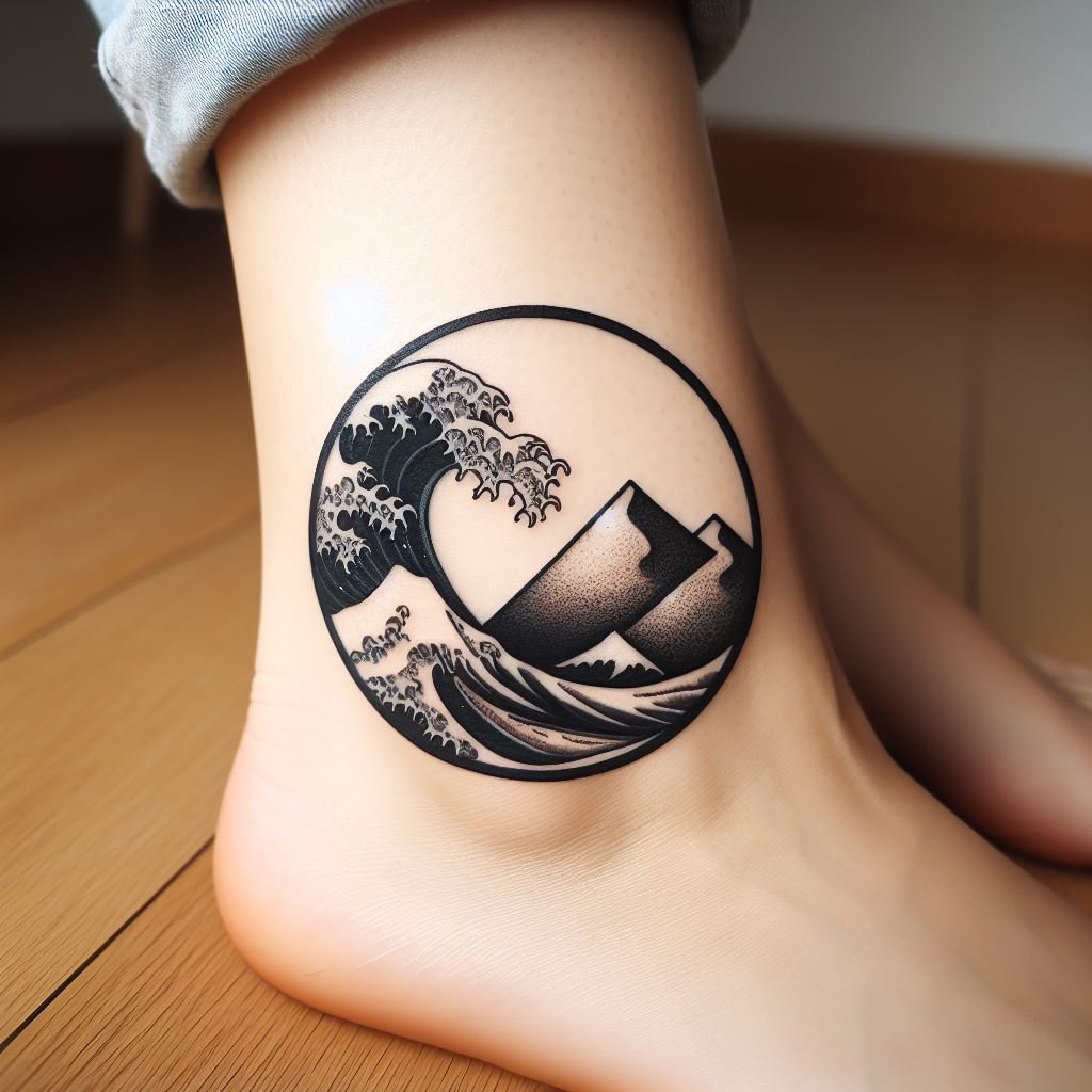 A circular tattoo that encapsulates an ocean wave on one half and a mountain range on the other, meeting in the middle, positioned around the ankle. This tattoo symbolizes the balance between tranquility and adventure, reflecting the wearer's love for both the sea and the mountains.