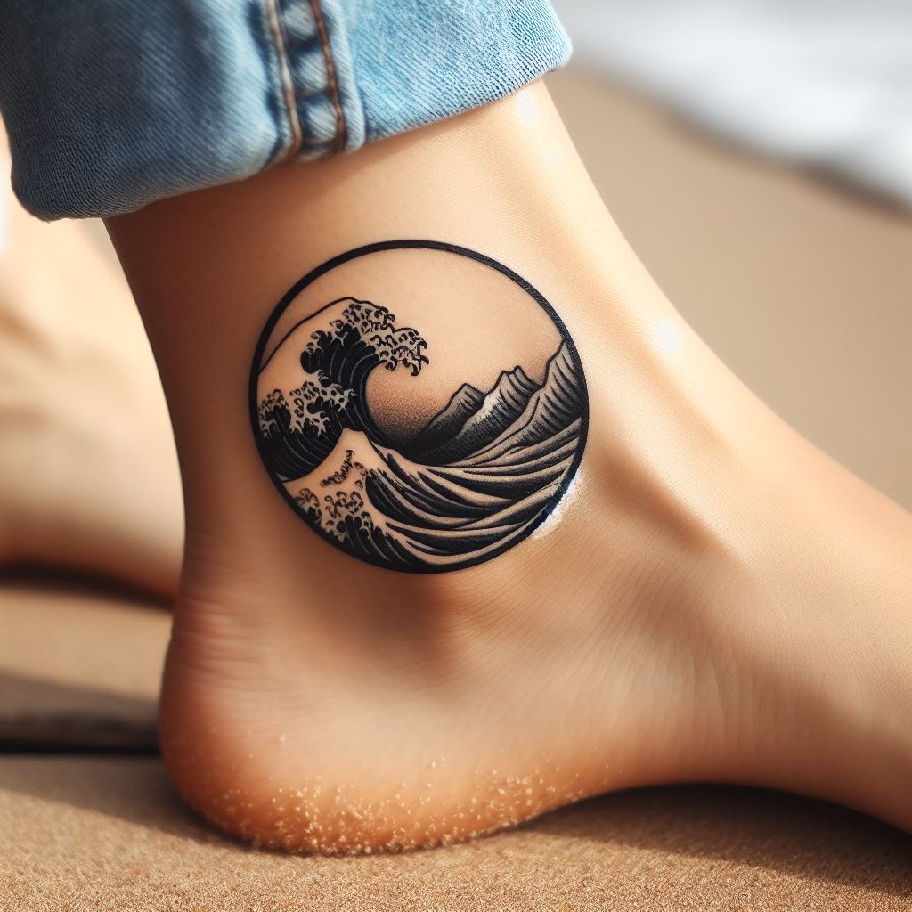A circular tattoo that encapsulates an ocean wave on one half and a mountain range on the other, meeting in the middle, positioned around the ankle. This tattoo symbolizes the balance between tranquility and adventure, reflecting the wearer's love for both the sea and the mountains.