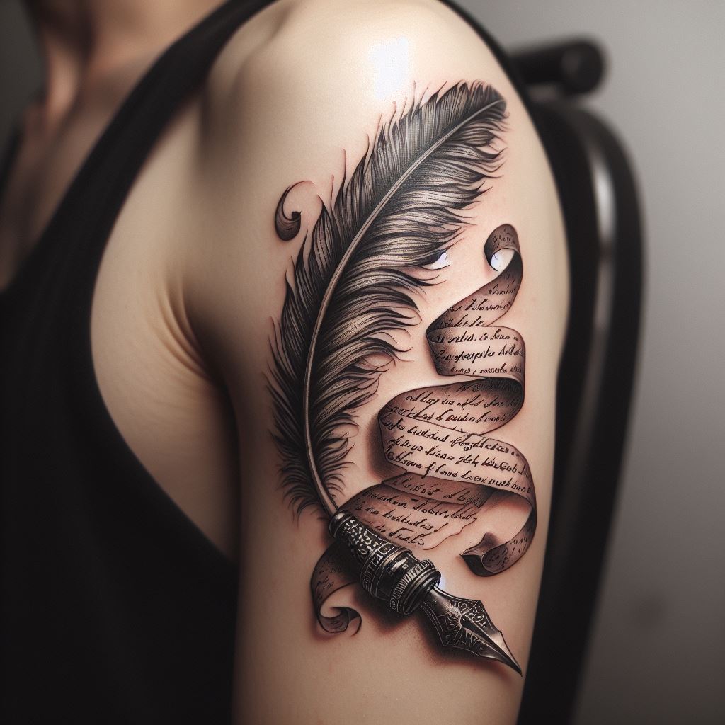 An antique quill pen, its tip dipped in ink, with a scroll unfurling from the quill, showcasing a meaningful quote or written piece. Positioned on the inner bicep, this tattoo celebrates the power of words and the individual's passion for writing or literature.