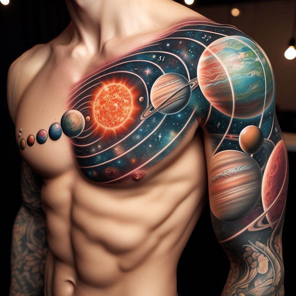 A tattoo that features the solar system with planets aligned along the upper arm, from the shoulder to the elbow. Each planet is detailed and colored to reflect its real appearance, and personal symbols or dates are integrated into the orbits, representing significant life events or family members, symbolizing the wearer's universe.