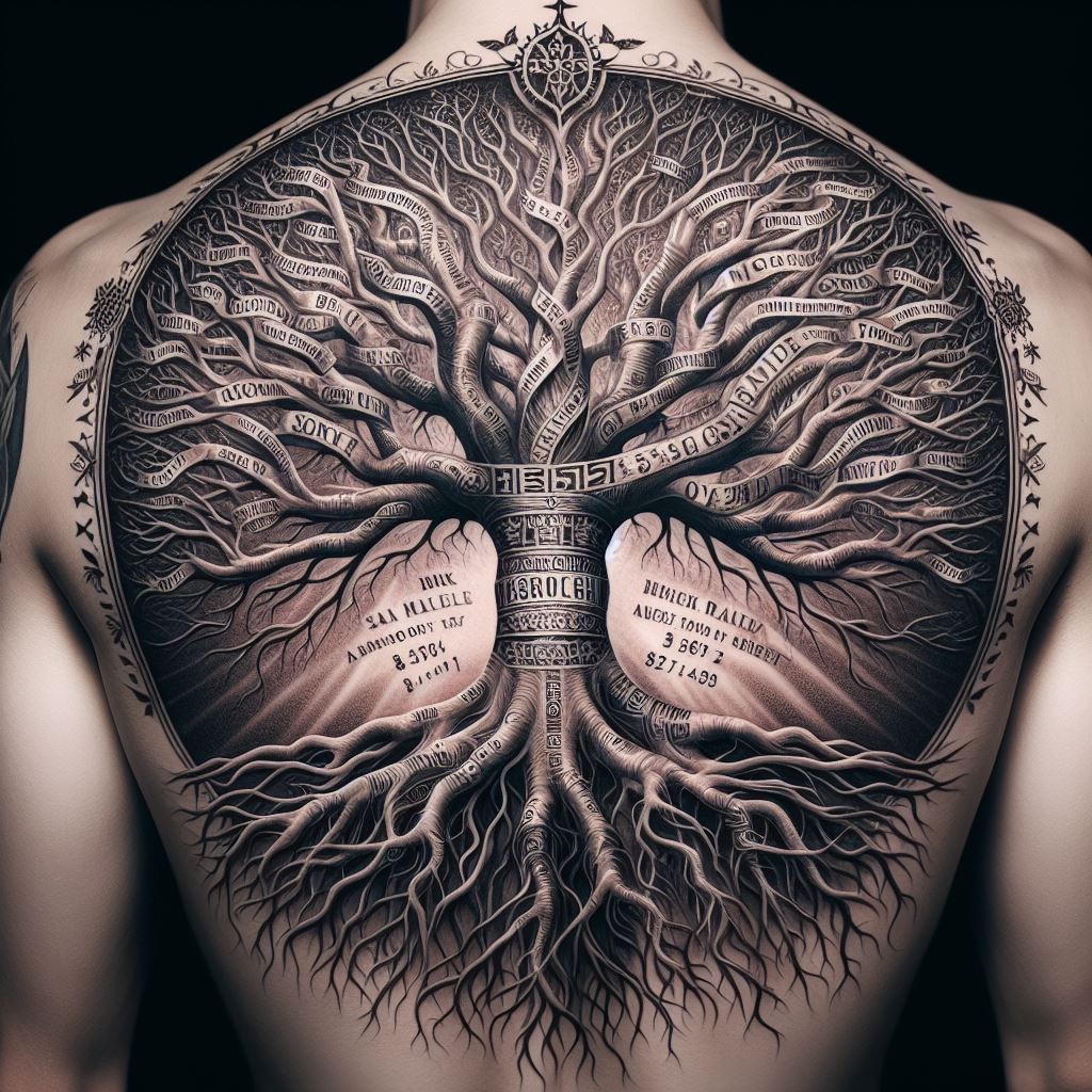 An intricate ancestral tree tattoo that covers the entire back, with roots, trunk, and branches that incorporate names, birthdates, and symbols representing the wearer's ancestors and family heritage. The tree is designed with realistic textures and depth, symbolizing the wearer's deep connection to their past and the foundation of their identity.