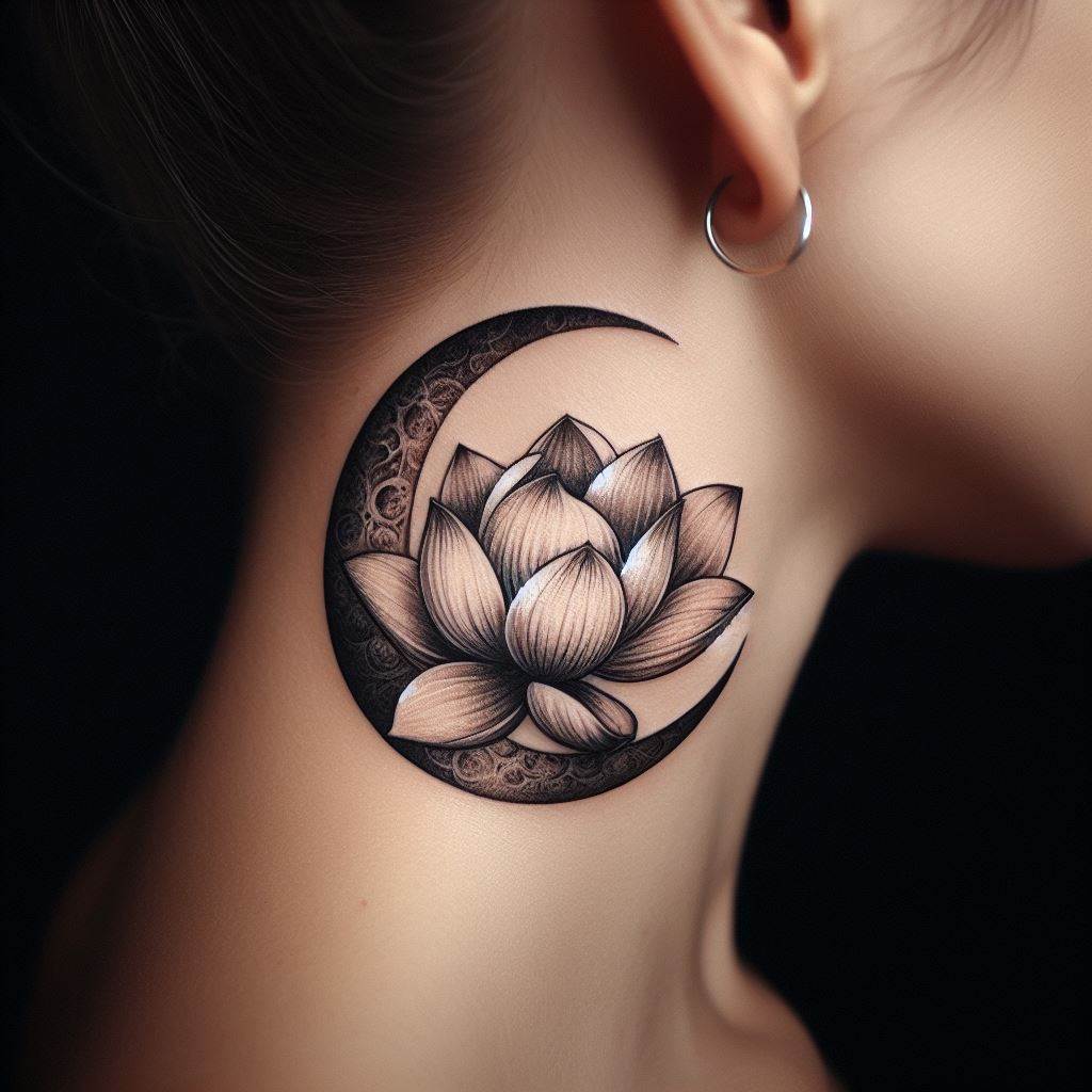 A tattoo that combines a blooming lotus flower with a crescent moon cradling it from above, positioned on the side of the neck, just below the ear. The lotus represents purity and spiritual growth, while the moon symbolizes change and intuition, reflecting the wearer's journey towards enlightenment and self-discovery.