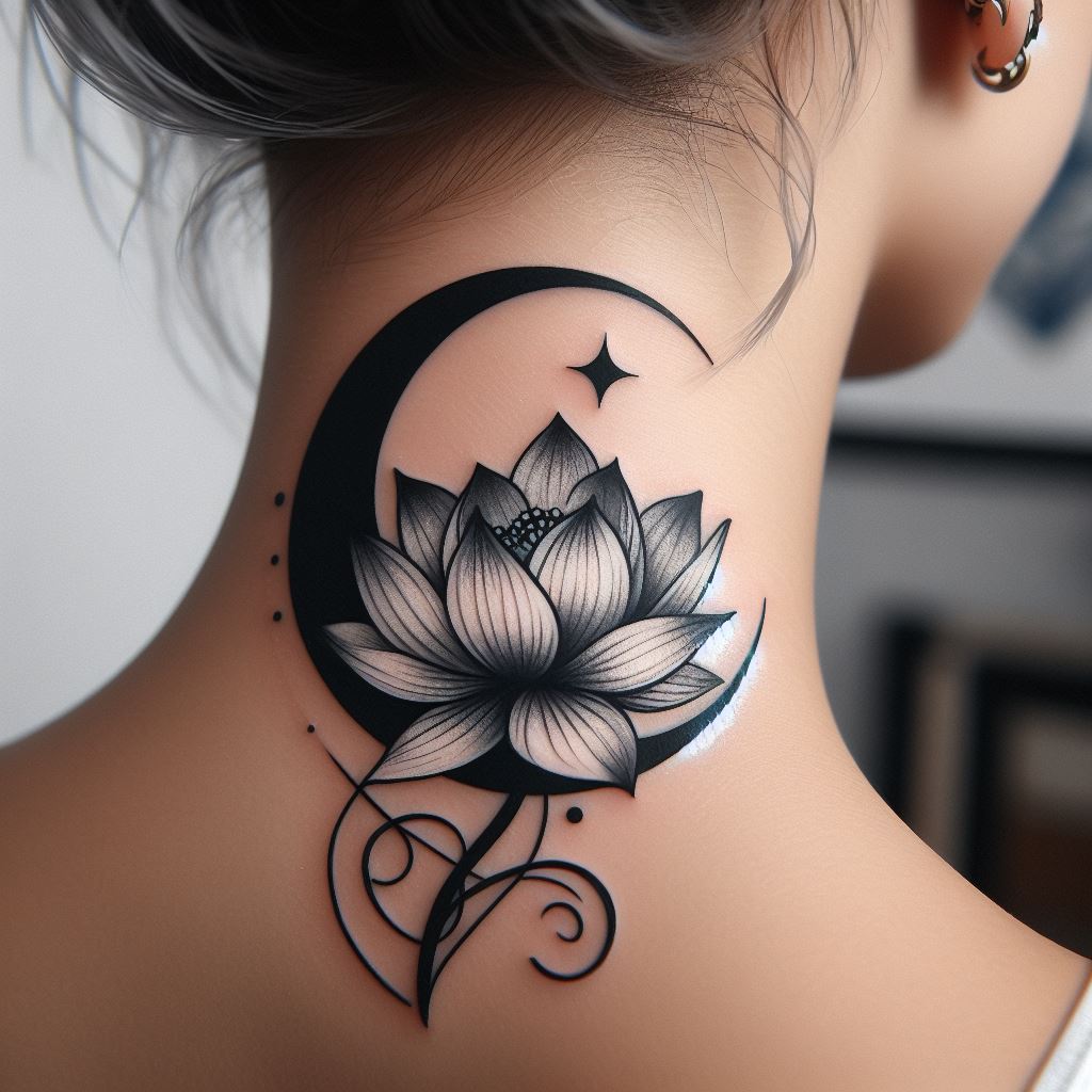 A tattoo that combines a blooming lotus flower with a crescent moon cradling it from above, positioned on the side of the neck, just below the ear. The lotus represents purity and spiritual growth, while the moon symbolizes change and intuition, reflecting the wearer's journey towards enlightenment and self-discovery.